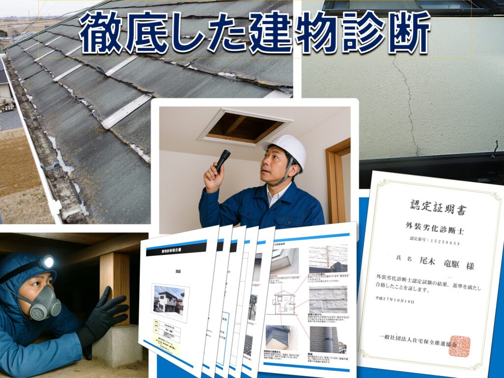 徹底した建物診断 一級建物アドバイザー、外装劣化診断士が屋根の上から、床下まで詳しく調査し、必要なメンテナンスをご提案します。
